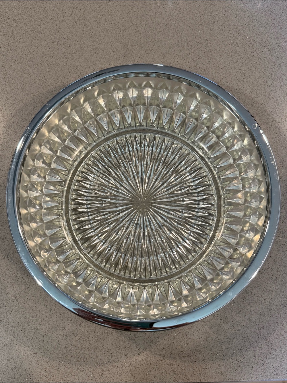 Vintage Round Cut Glass Serving Bowl with Silver Rim